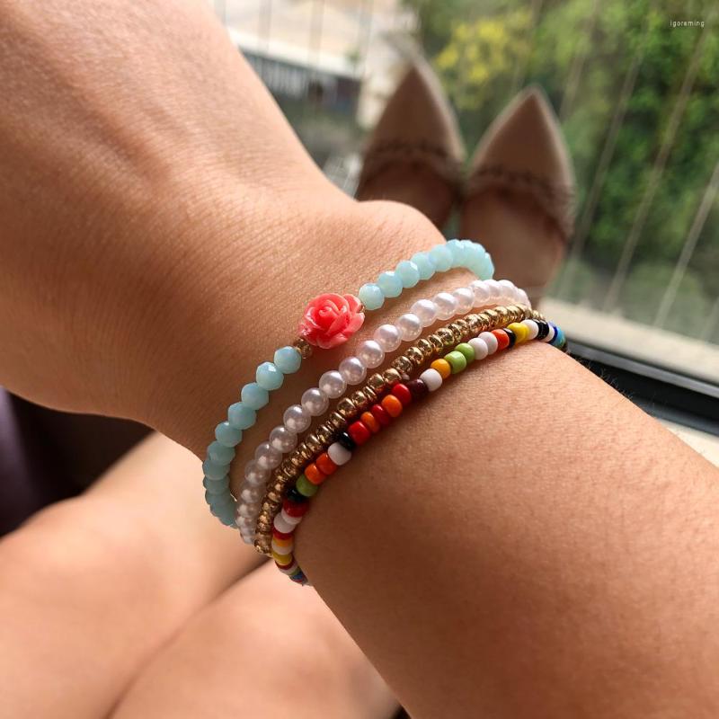 

Bangle Bohemia Crystal Pearl Colorful Handmade Beaded Flower Charm Bracelet Women Summer Beach Party Jewelry Gift