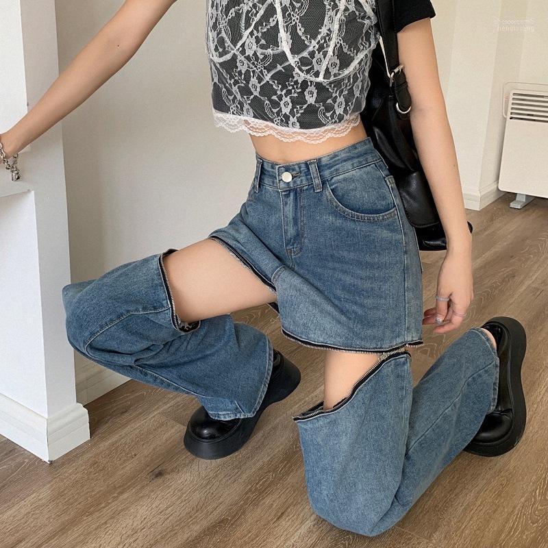 

Women' Jeans Women' High Street Hollow Women Splice Wide Leg Trousers Hip-hop Loose Retro Chain Removable Denim Pants Personality, Blue