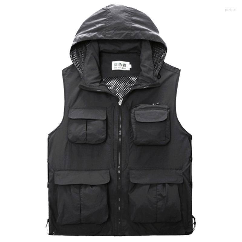 

Men's Vests Quick Dry Multi-pocket Pography Fishing Vest Men Advertising Tourism Hunting Breathable Cap Detachable Hiking Camping, Black