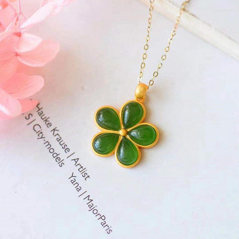 

Chains Silver Inlaid Natural And Qingtian Jade Drop Shaped Mosaic Flower Pendant Necklace Chinese Style Retro Charm Women's Jewelry