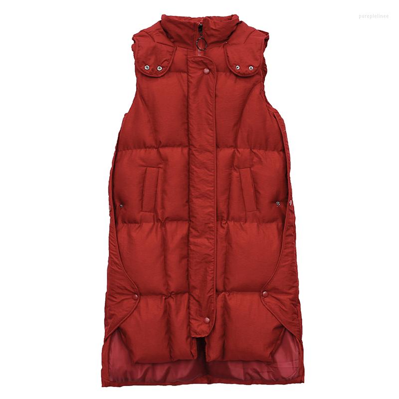 

Women's Vests Autumn Winter 2022 Casual Over Knee Loose Long Down Cotton Vest Coat Women High Quality Hooded Female Black Red Clothes Tops