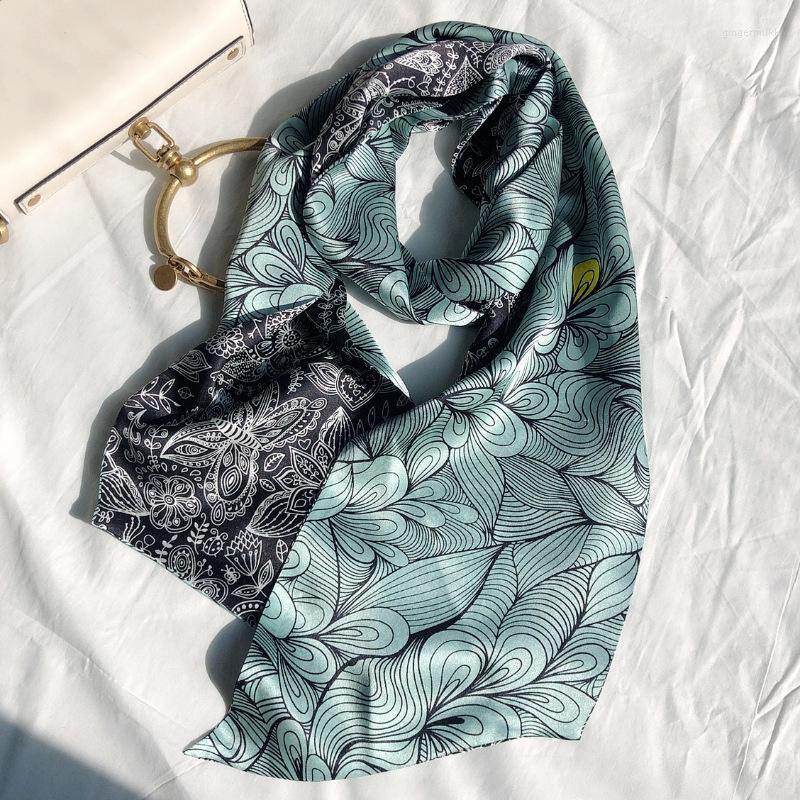 

Scarves Silk Long Narrow Scarf With Multi-function Striped Flower Printing High-quality Plain Crepe Satin Double-layer Wild Streamer