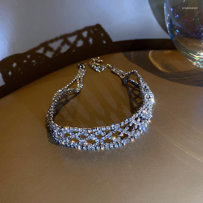

Choker Sparkling Silver Color Crystal Mesh Collar Chain Necklace Bridal Women Wedding Party Rhinestone Jewelry Gifts