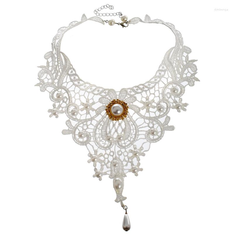 

Choker White Lace Steampunk Victorian Gothic Fake Pearls Collar Bride Necklace