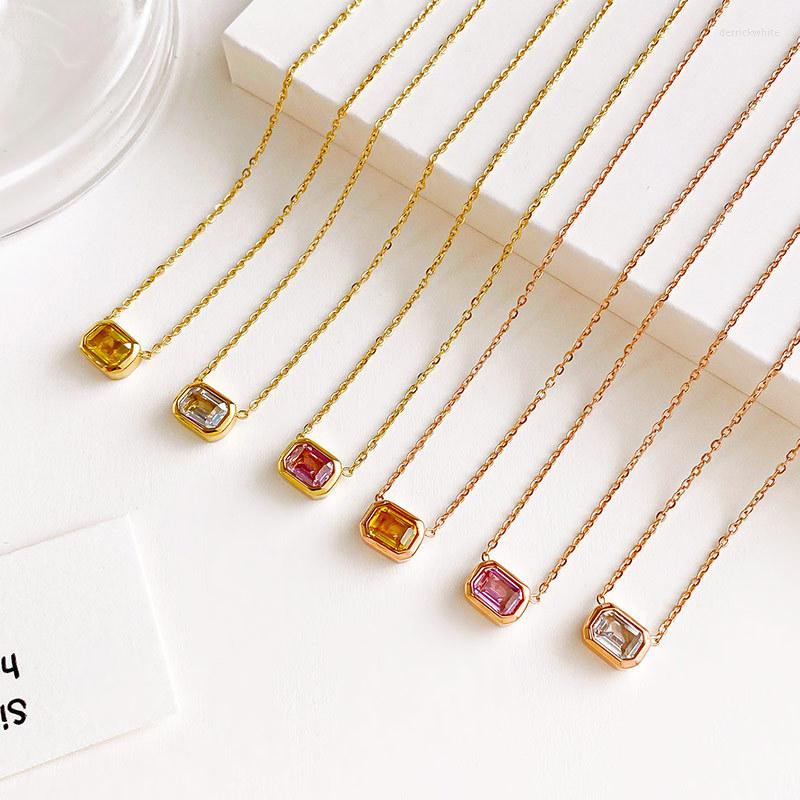 

Choker Trendy Titanium Stainless Steel Colorful CZ Crystal Necklace Bohemia Beach Pink Zircon Pendant Chain Jewelry For Women
