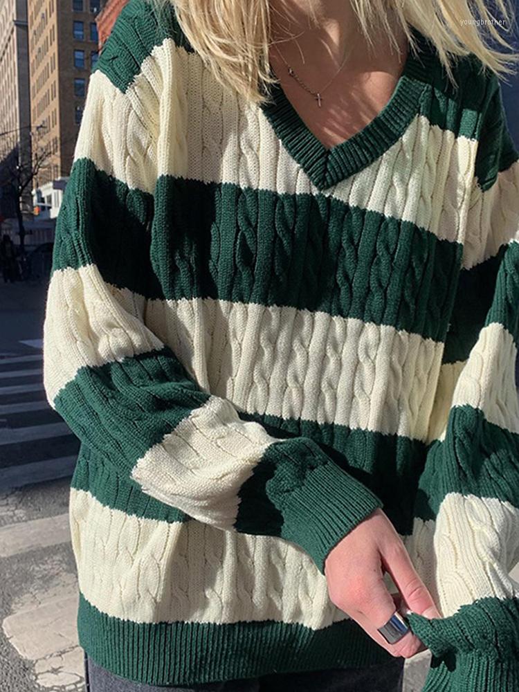 

Women' Sweaters Vintage Women Striped Knitted Autumn Winter V Neck Long Sleeve Loose Pullovers 2022 Simple Casual Warm Ladies Knitwear, Blue
