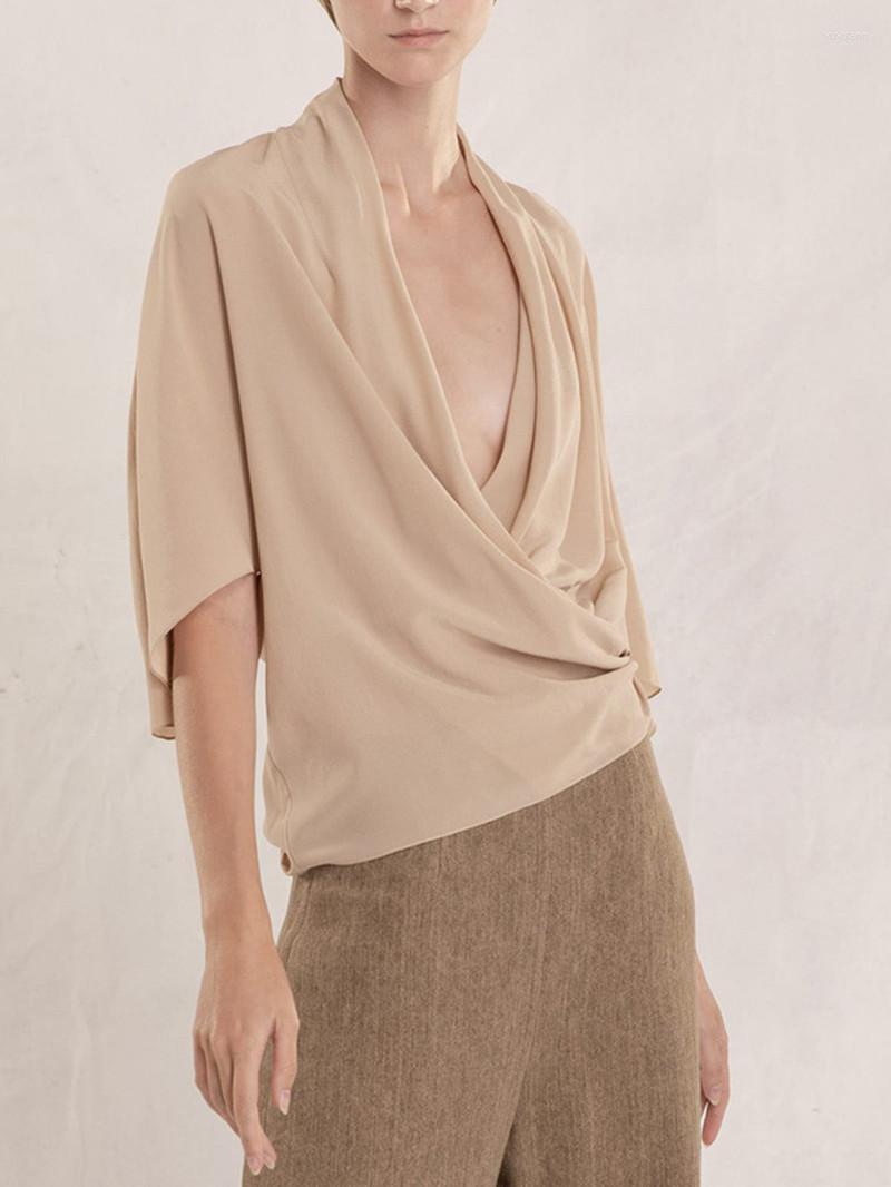 

Women's Blouses 2022 Women's Sand Color Wrapped Silk Shirt Loose Irregular Mid-Sleeve V-Neck Blouse Top Summer For Ladies