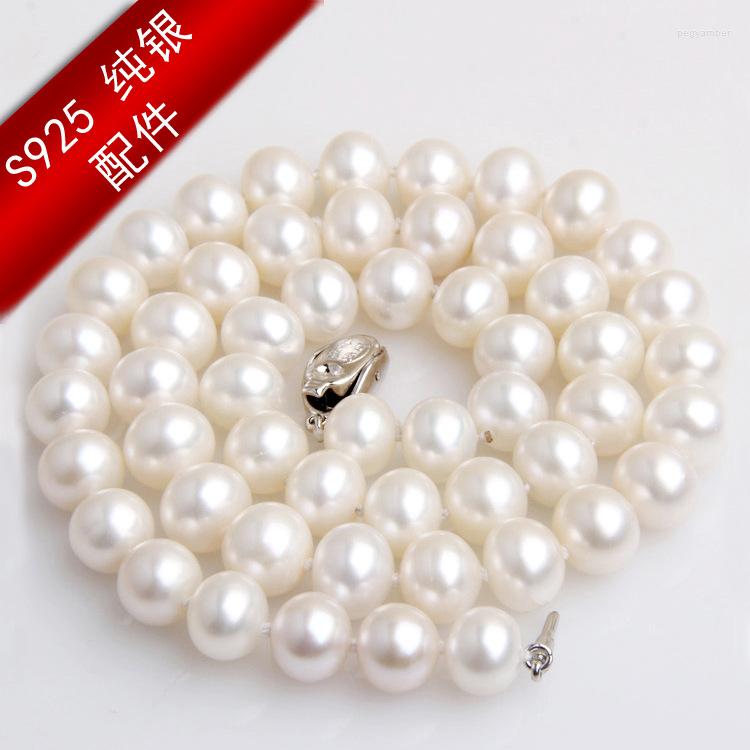 

Chains 925 Real Natural Big Zhuji Freshwater Pearl Necklace S925 Sterling Gold Buckle 8-9-10mm Round Flawless
