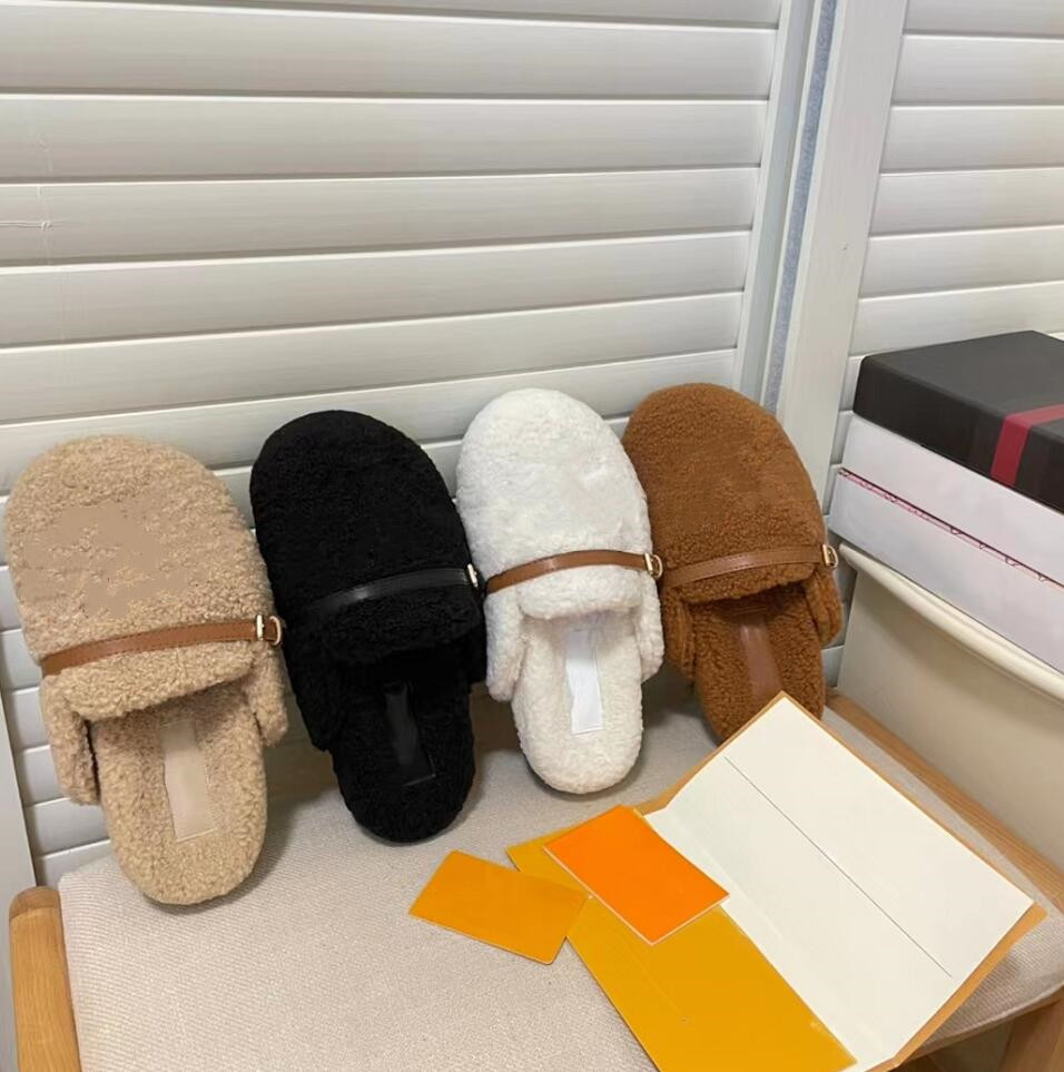 

Winter Lamb Wool Slippers Classic Flat Bottom Plush Half Slipper Leisure Warmth Women Scuffs Sandal Designer Shoes Luxury Furry Fluffy Slipper, White