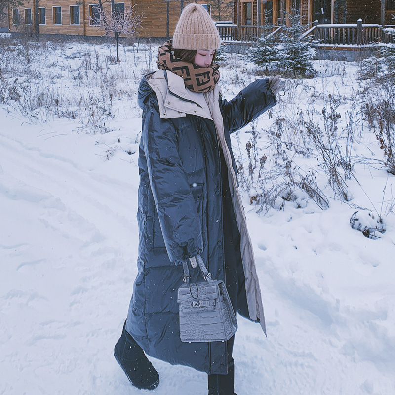 

Women's Down White Duck Jacket 2022 Winter New Fashionable Western Style Long Over-the-knee Loose Hooded Warm Temperament Coat