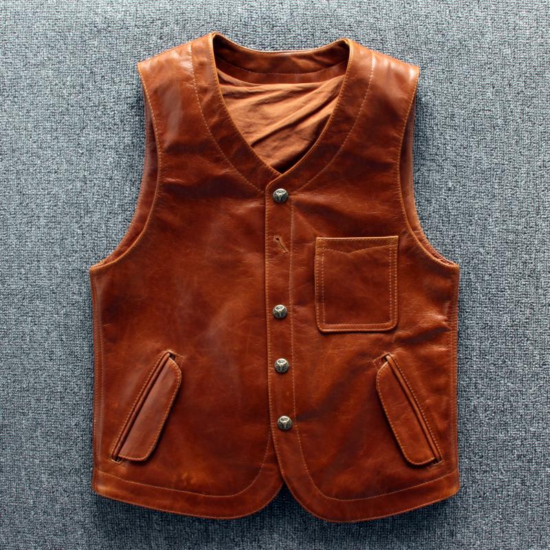 

Men's Vests Vintage Genuine Japanese Vest Men's Real Cowhide Waistcoat Safari Style Slim Fit Sleeveless Leather Jackets Coat, Brown