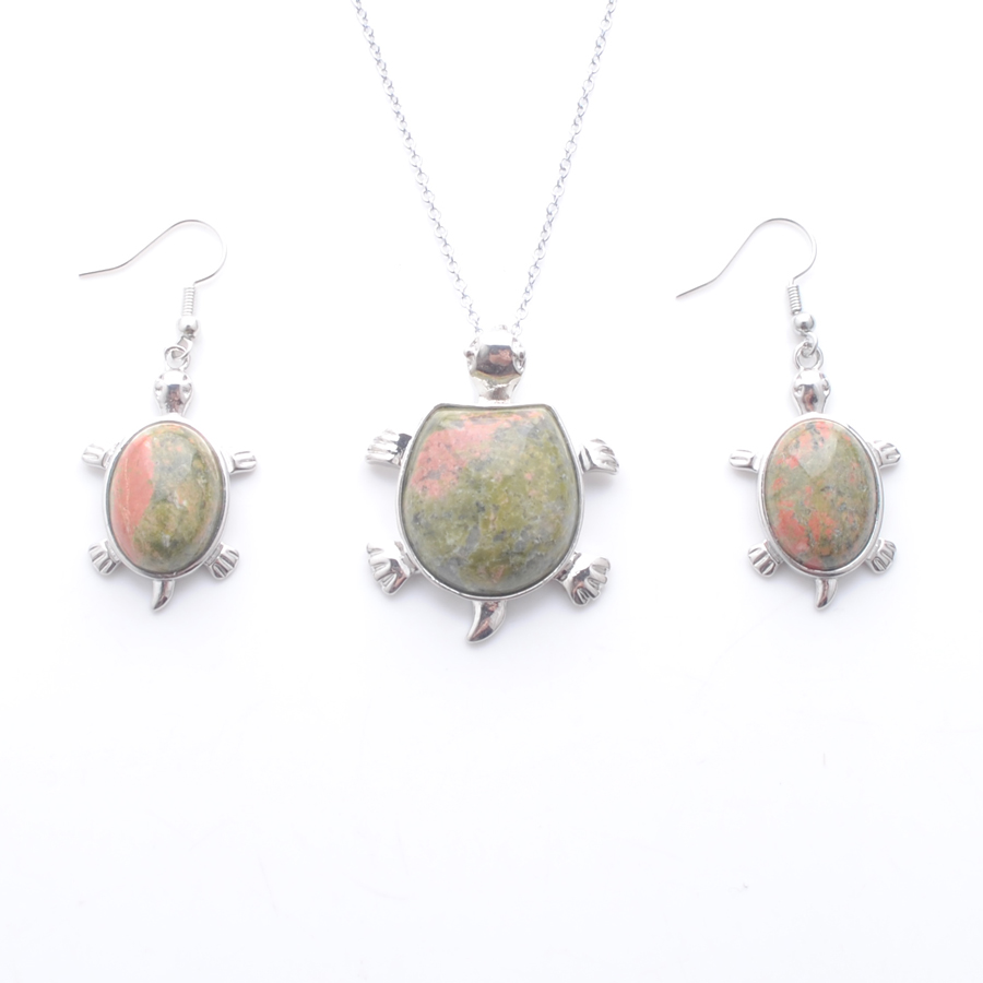 

Popular fashion Women Jewelry Set Dangle Earrings Necklace Stone Unakite Jaspers Cute Tortoise Animal Shape Chain 45cm Q3104, White