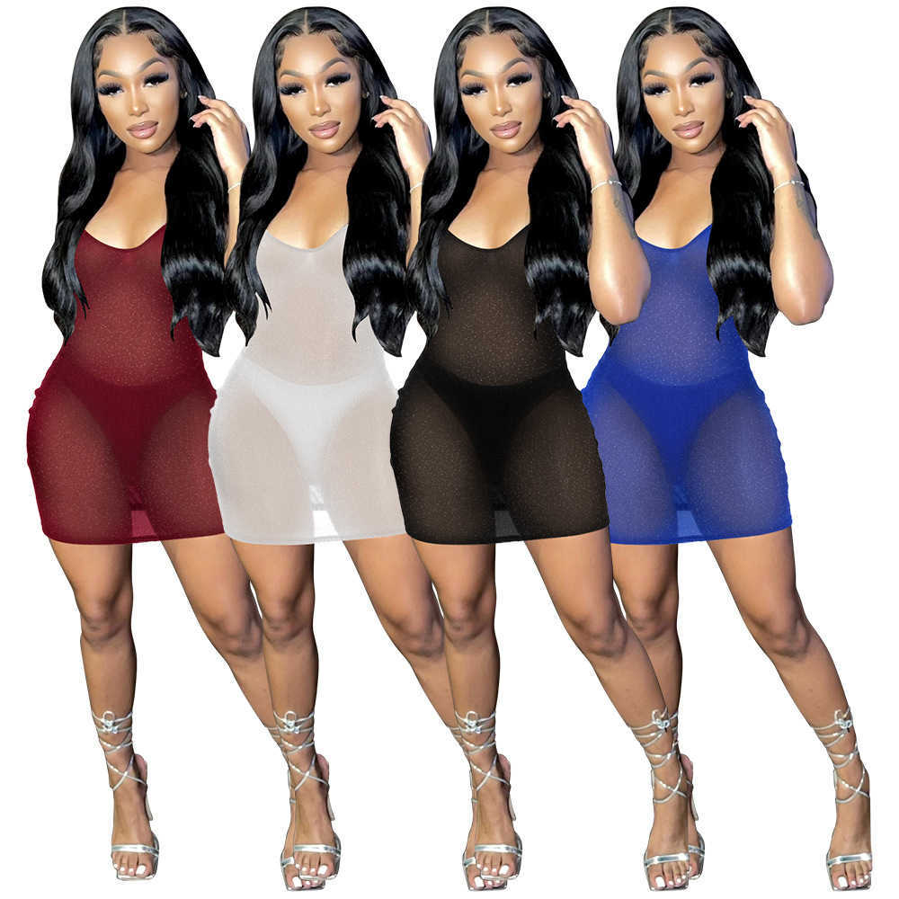 

Bright silk screen suspender dress new sexy perspective nightclub skirt with underwear, 8137 blue