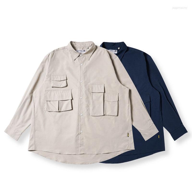 

Men's Casual Shirts Outdoor Oversize Men Japanese Streetwear Vintage Fashion Loose Waterproof Long Sleeve Cargo Jacket ZH027, Deep blue