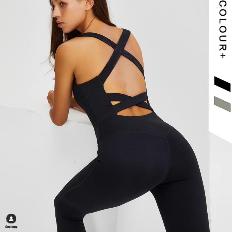 

Active Sets 2022 Pad Women Seamless Gym Clothing Yoga Set Cross Back Strap Sport Jumpsuit Fitness Rompers, Black