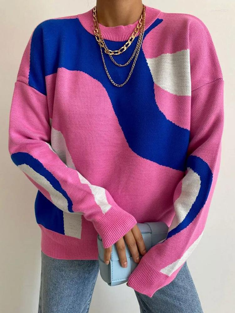 

Women' Sweaters Irregular Contrast Ladies Sweater Casual Loose O-Neck Long Sleeve Knit Women' 2022 Autumn Winter Fashion Pullovers, Black