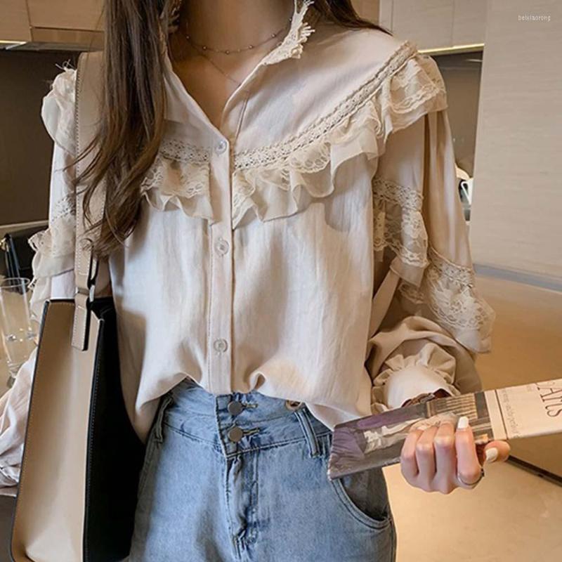 

Women' Blouses Apricot Gentle Top Sexy Lace Trim O Neck Long Sleeve Pullover Fairy Vintage Shirt