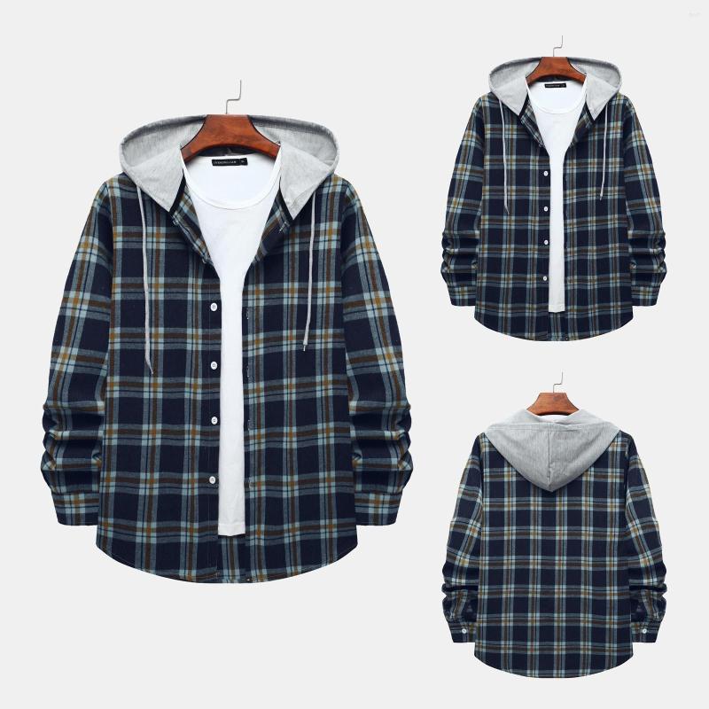 

Men' Casual Shirts Big And Tall Men Autumn Winter Plaid Print Shirt Long Sleeve Hooded Collar Blouse Workout Large, Blue