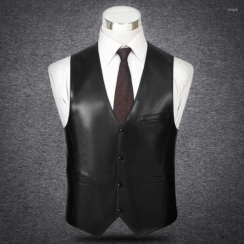 

Men' Vests Men' Black Genuine Leather Suit Vest Lambskin Sleeveless Jacket Business Casual Slim Fit Sheepskin Waistcoat