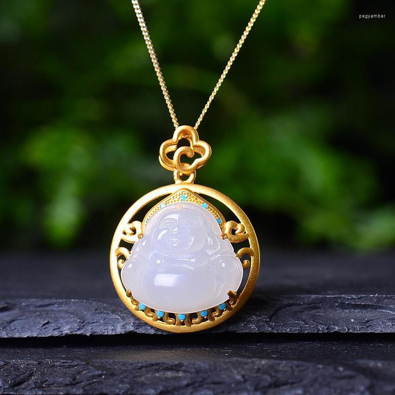 

Chains Classic Design Natural Hetian Jade Round Maitreya Buddha Necklace Pendant Exquisite Charm Chinese Style Ladies Jewelry
