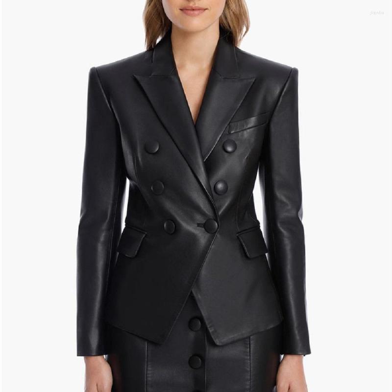

Women' Leather Top Quality Blazer For Women Black Pink Double Breasted Slim Blazers Jackets Elegant Ladies High Street Casual Outfits