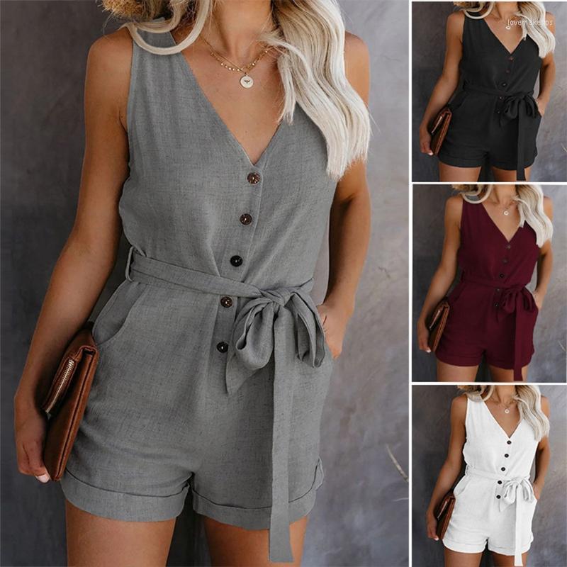 

Women's Tracksuits Women Summer Sleeveless Shorts Jumpsuit Sexy V-Neck Tie Waist Loose Rompers With Pockets Bow Women's Five-point, Black