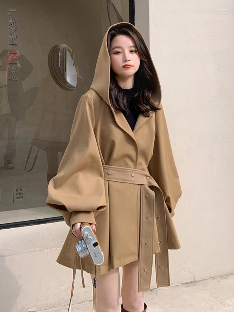 

Women' Trench Coats LANMREM Khaki Hooded Coat For Women 2022 Autumn Winter Belt High Waist Loose Fashion Windbreaker Female Clothing 2R6013