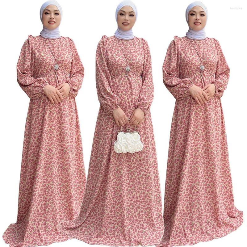 

Ethnic Clothing Muslim Kaftan Women's Dress Full Sleeve Floral Printed Loose Turkey Robe Elegant Casual Holiday Abayas Islamic Ramadan
