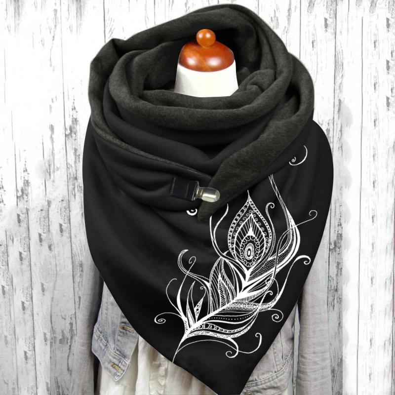 

Bandanas Winter Fashion Scarf For Women Feather Print Button Soft Wrap Retro Multi-purpose Shawl Foulard Femme