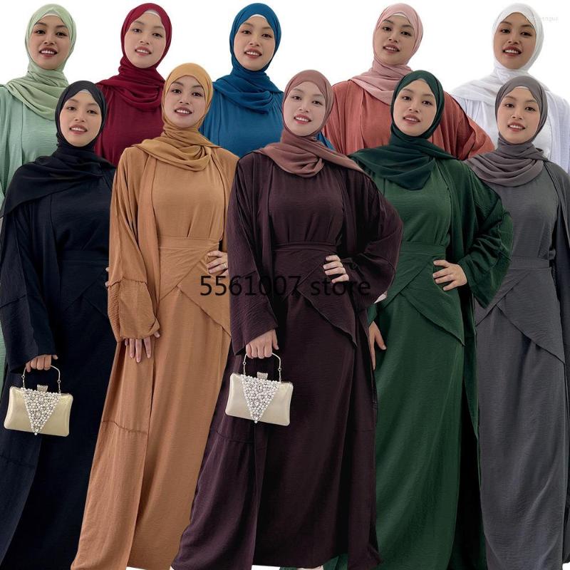 

Ethnic Clothing Eid 3 Piece Abaya Set Hijab Dress Wrap Skirt Muslim Sets Ice Silk Wrinkle Open Abayas For Women Dubai Turkey Africa Islam