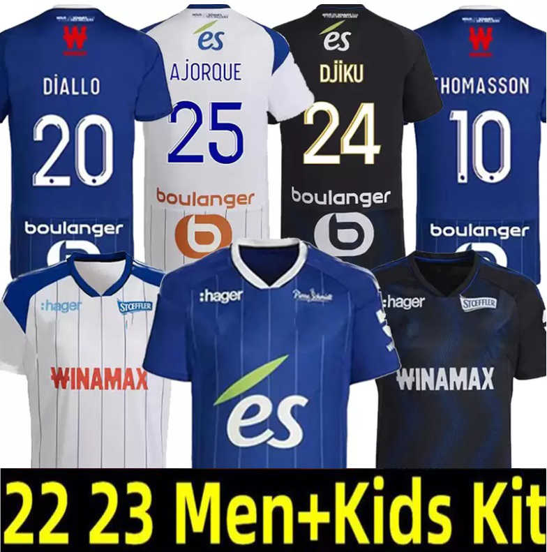 

22 23 RC Strasbourg Alsace soccer jerseys maillot de foot home blue 2022 2023 AHOLOU THOMASSON LiEnard Diallo DJIKU AJORQUE Gameiro football shirts away third Black