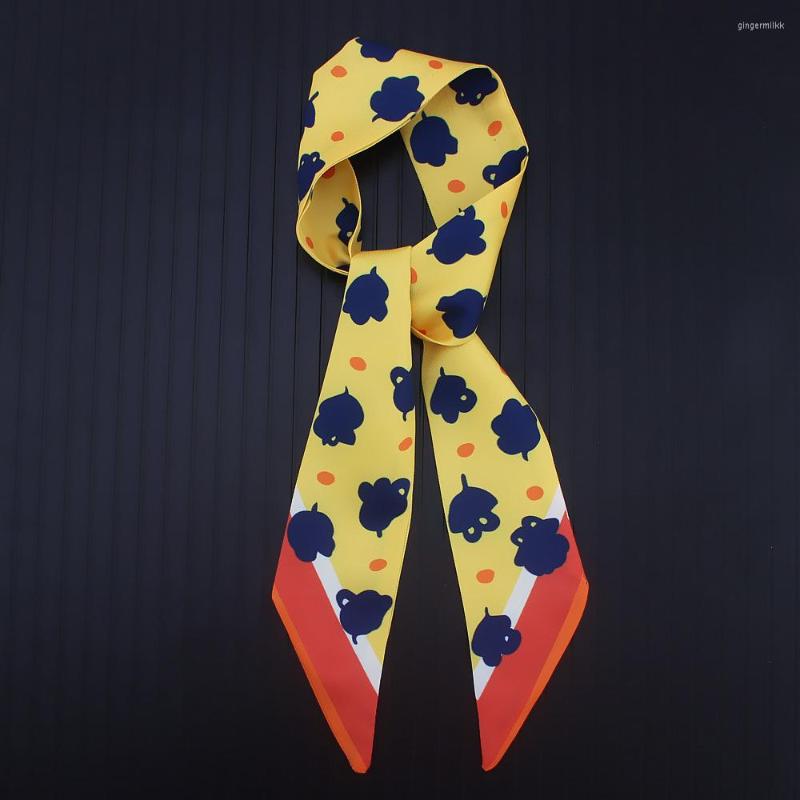 

Scarves Fashion Euro Black Cartoon Print Twill Silk Scarf Women Striped Headband Handle Bag Ribbon Summer Small
