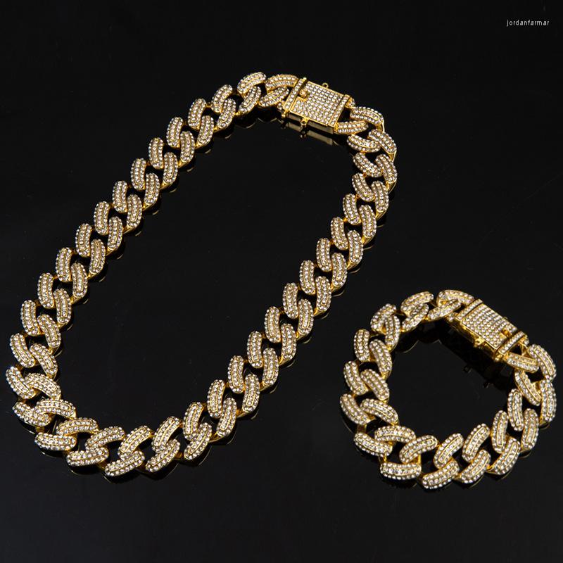 

Choker Men's Cuban Link Chain India Necklaces Hip Hop Rhinestone Necklace Hiphop Jewelry 19mm Bold Bracelet Set