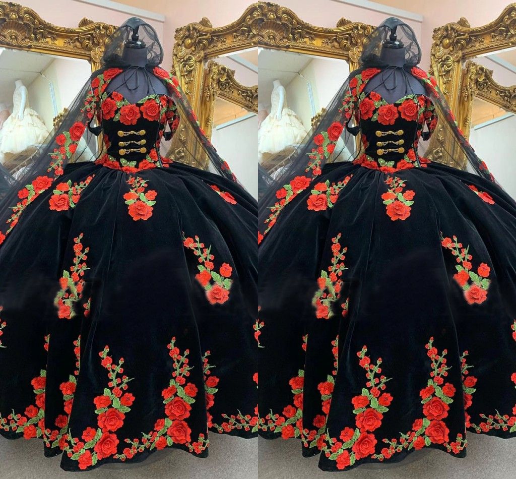 

2023 Black and Red Floral Quinceanera Dresses Applique Sweetheart Neckline Sweet 16 Birthday Party Prom Formal Evening Wear Vestidos, Gold