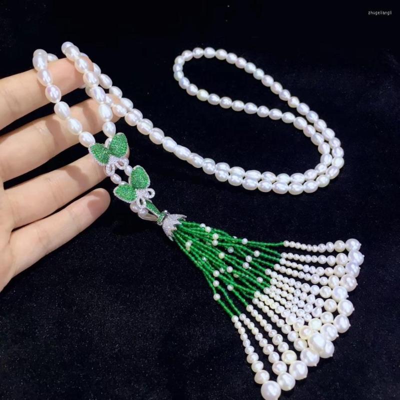 

Chains Long Necklace Natural Fresh Water Pearl Tassels Sweater Chain Butterfly 925 Sterling Silver With Cubic Zircon Fine Jewelry