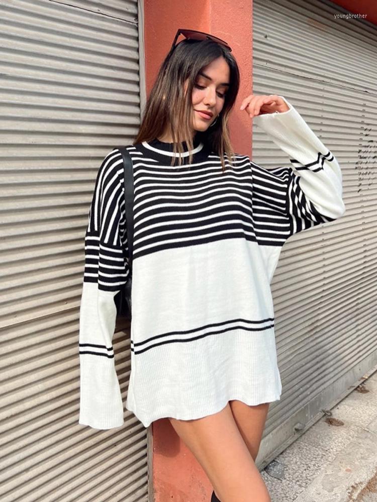 

Women' Sweaters Women Striped Patchwork O-neck Autumn Female Loose Casual Long Sleeve Thick Pullover Office Lady Winter Elegant Jumper, White