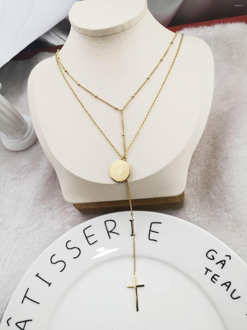 

Chains Cross Queen Coin Double Chain Luxe Necklace Gold Women Shape Pendant Jewelry Steel Accessories