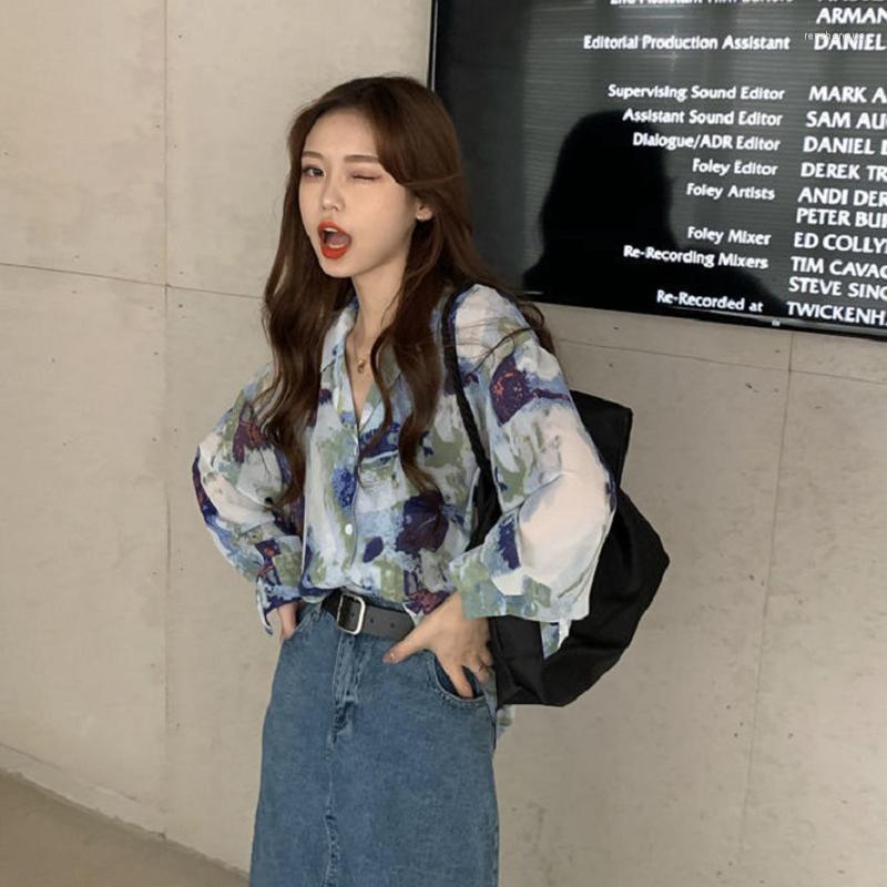 

Women' Blouses 2022 Spring Casual Tie Dye Print Oversize Women' Tunic Shirt Chiffon Long Sleeve Ladies Blouse Button Up Loose Female, Sku