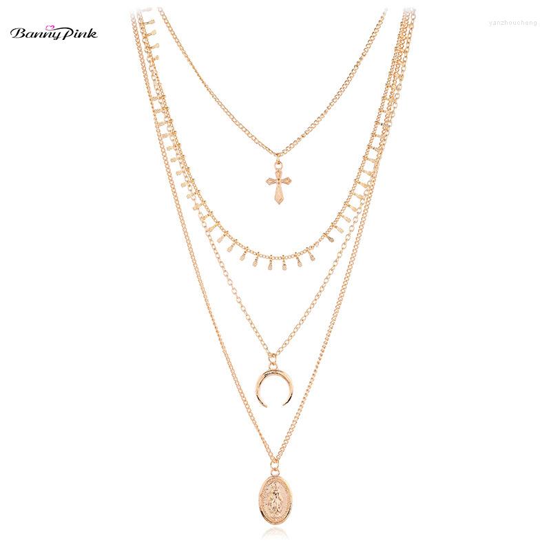 

Choker Banny Pink Religious God Blessed You Multi Chain Neckalce For Women Layer Cross Virgin Mary Pendant Collar Colliers