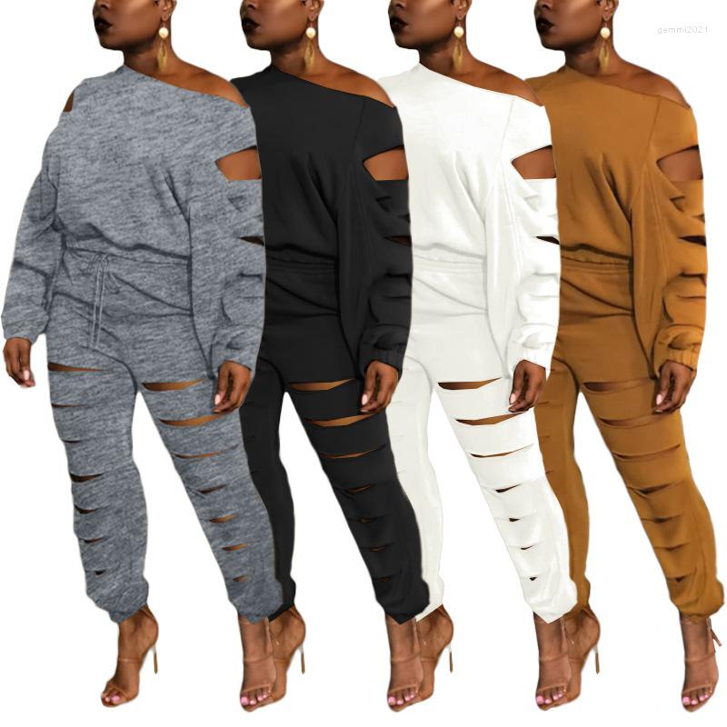 

Women' Two Piece Pants 2022 Autumn Winter Fashion Solid Burnout Hollow Loose Casual Slanted Shoulder 2 Sets Womens Outfits, Black