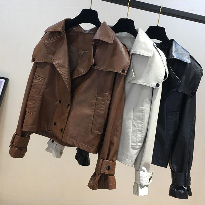 

Women's Leather Turn-down Collar Double Breasted PU Jackets Women Korean Fashion Casual Loose Faux Coats 2022 Autumn All-match Outwear, Black