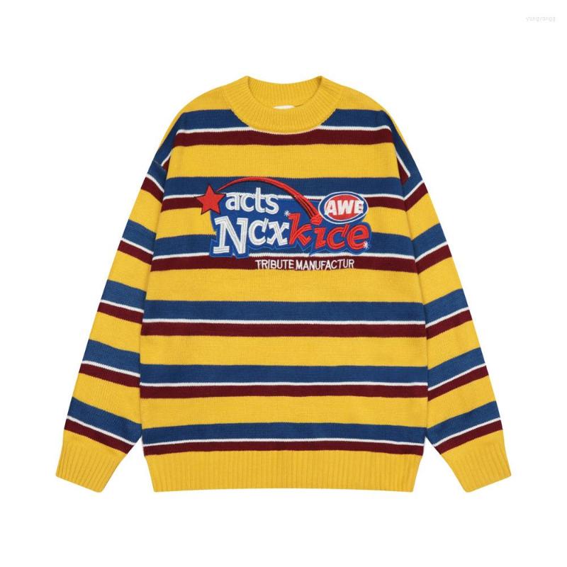 

Men's Sweaters Man Clothes Striped Sweater Fashion Cool Embroidery Loose Fit Pullover Anime Roupas Masculinas Ropa Hombre, Yellow