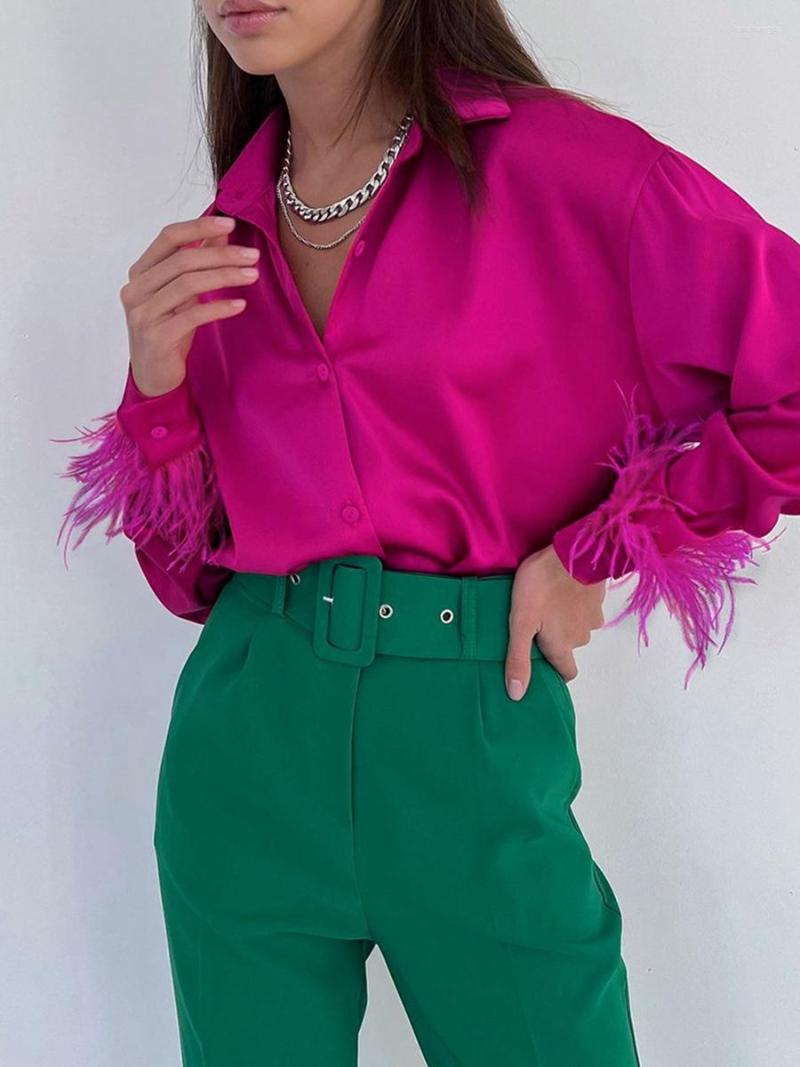 

Women' Blouses Combhasaki OL High Street Women Blouse Feather Embellishment Long Sleeve Lapel Design Button Closure Loose Fit Casual Shirt, Green
