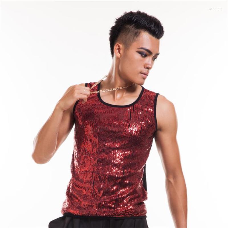 

Men' Vests Novelty Summer Style Personality Slim High Quality Male Sleeveless Sequins Vest Men Round Collar Rock Singer Dance Fashion Red, Only vest