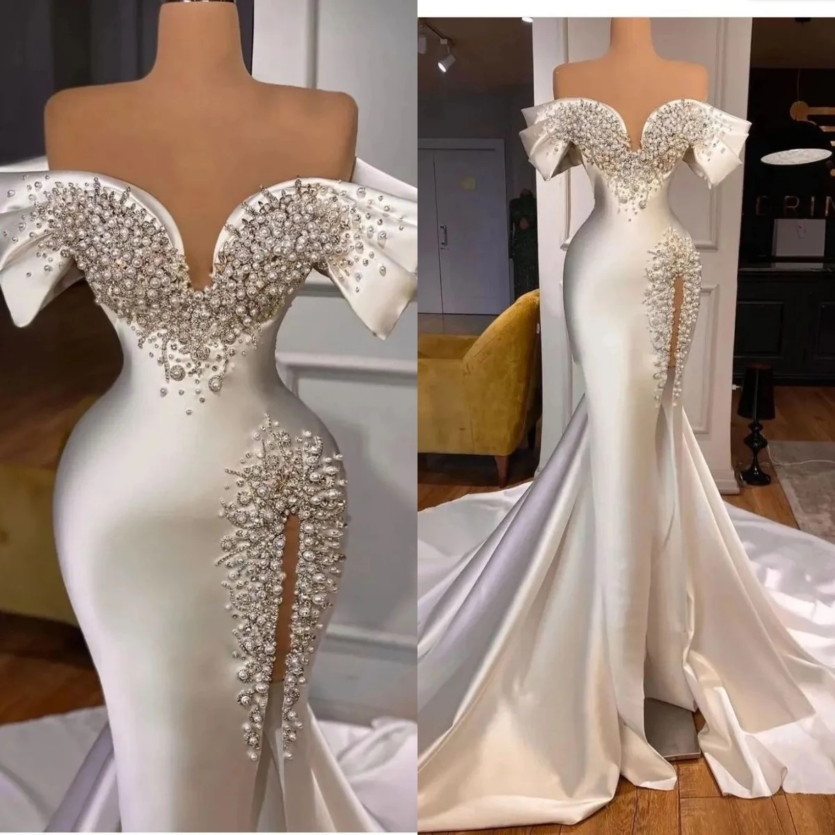 

Luxury Pearls Mermaid Wedding Dress 2023 Off The Shoulder Beaded Split Bridal Gowns Bride Dresses robes de mariee, Silver