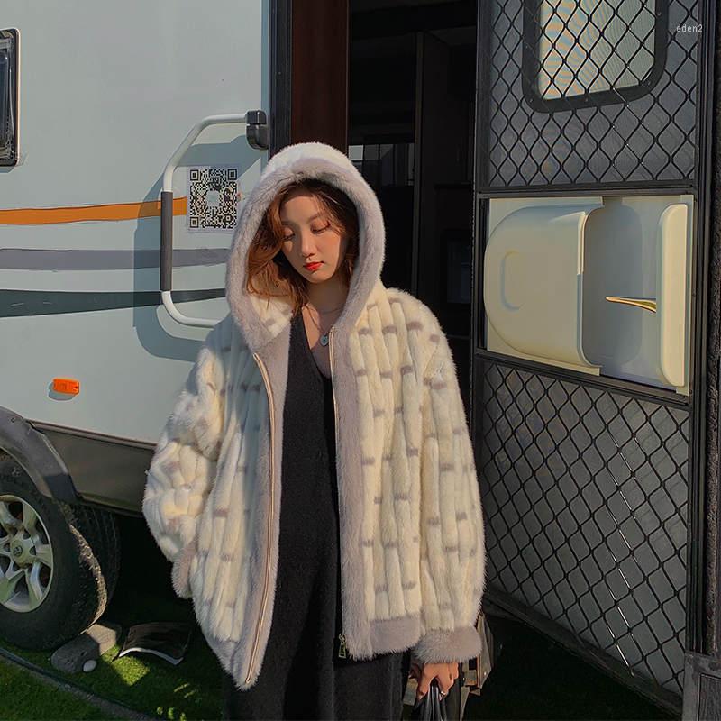 

Women' Fur 2022 Women Winter Fashion Imitation Mink Jackets Female Faux Hooded Coats Ladies Thicken Warm Loose Overcoats U868, White hooded