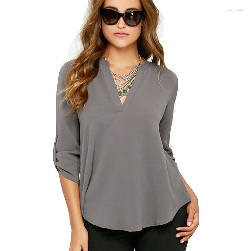 

Women' Blouses Europe And The United States Fashion Solid Color Irregular Hem Shirt Ladies V-neck Long Sleeve Fold Loose Chiffon, Wangs07