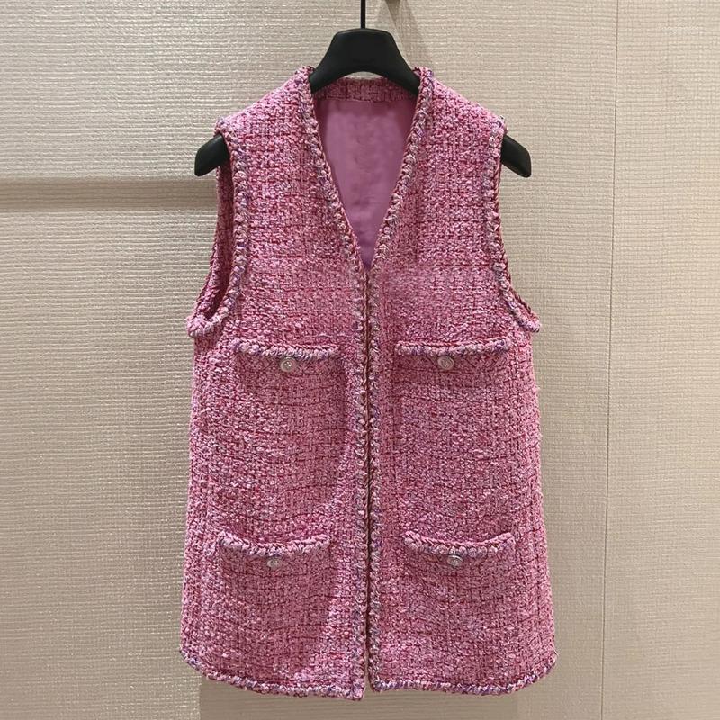 

Women' Vests Designer Autumn Winter Clothes 2022 Pink Brand Elegant Tweed Jackets For Women V-neck Sleeveless Veste Femme