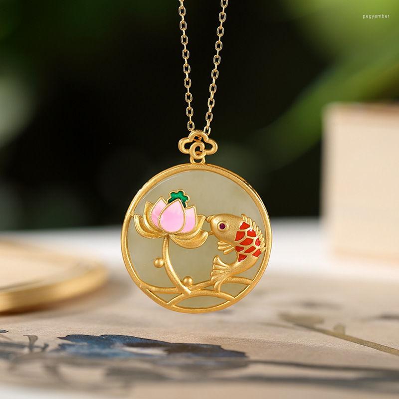 

Chains Natural Hetian Jade Fish Lotus Flower Round Neckalce For Woman Pendant Original Ancient Gold Craft Retro Chinese Style Jewelry