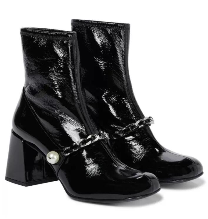 

Winter Women Ankle Boots couture Combat Booty Perfect Embellished Naplak Patent Leather Pearl Chain Block Heels White Black Wedding Party